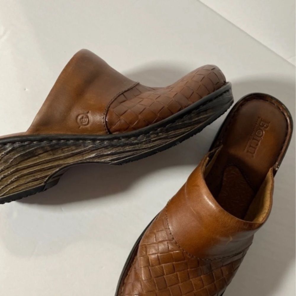 Born Woven Brown Leather Slip On Mule Clogs